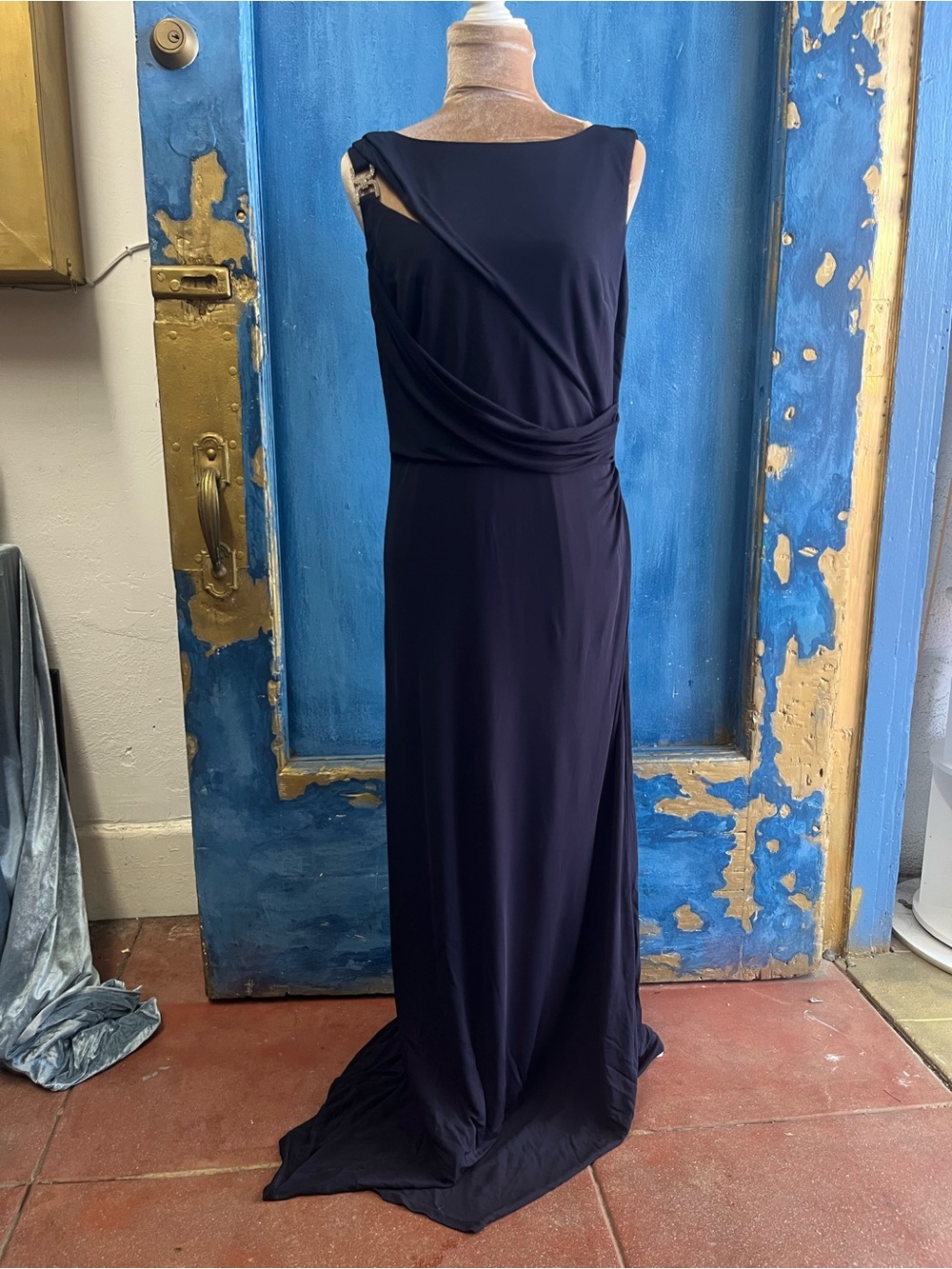 David Meister Navy Sleeveless Draped Maxi Gown